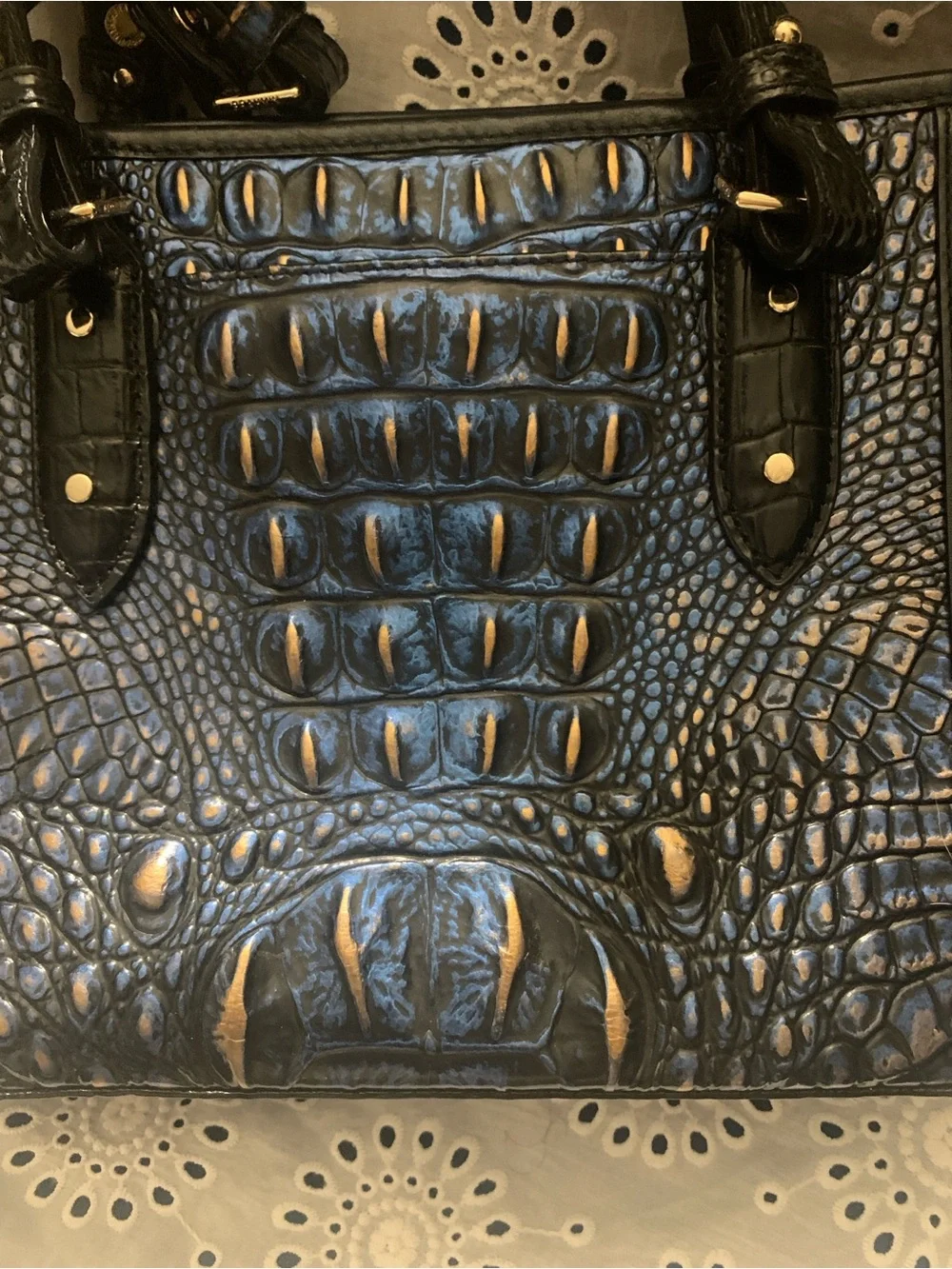 Brahmin Black and Blue Croc-Embossed Asher Satchel with Tassel (Lazuli Crowe)